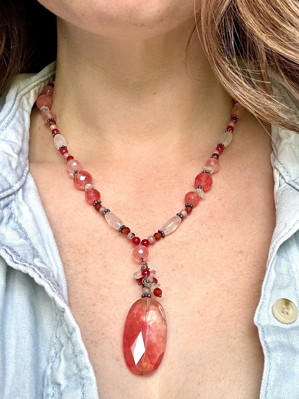 Strawberry Quartz Gemstone Necklace, Clear and Rose Quartz Sterling Silver Clasp
